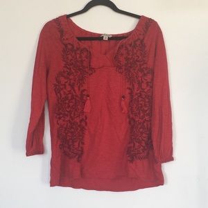 Lucky Brand Embroidered Red Boho Top